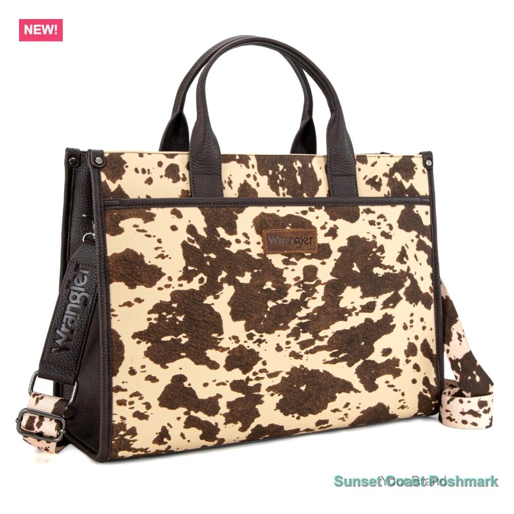 Wrangler Leather Cowhide Laptop Tote Bag Brown Cream Adjustable 15.6" Western